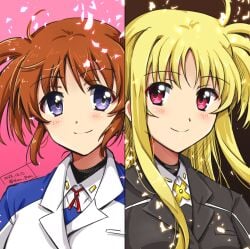 2girls artist_name blonde_hair blue_eyes blush brown_hair closed_mouth dated fate_testarossa long_hair looking_at_another lyrical_nanoha military_uniform red_eyes san-pon simple_background smile takamachi_nanoha uniform upper_body