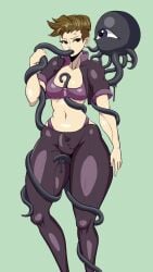 cleavage crop_top female kuromaru_(mugen) leggings m.u.g.e.n mid-transformation midriff navel small_breasts tentacle thick_thighs tomboy transformation zxc