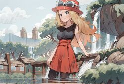 ai_generated black_blouse black_legwear black_thighhighs black_top black_topwear blonde_hair blouse blue_eyes breasts city cityscape clouds cloudy_sky female female_focus female_only giant giant_female giant_woman giantess glasses glasses_on_hat glasses_on_head hat long_hair long_skirt nature pokemon pokemon_xy pokemon_xy_(anime) red_hat red_skirt serena_(pokemon) skirt sky smile solo solo_female solo_focus thighhighs trees wet wooden_house