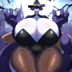 anthro big_breasts big_butt big_thighs blush cape choker clothed clothing cosplay costume female female_focus female_only fishnets huge_ass huge_breasts huge_thighs ian_nyang666 orbella_(haiyan) orca text watermark witch witch_hat