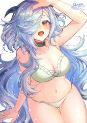 1girls alternate_costume bikini blue_hair breasts cleavage eitr_(fire_emblem) female female_only fire_emblem fire_emblem_heroes horns medium_breasts nintendo osiri_siri_siri red_eyes solo swimsuit white_bikini white_swimsuit