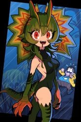 1girls 2023 dilophosaurus dinosaur dinosaur_girl female gashi-gashi gijinka green_hair jurassic_park leotard red_eyes sharp_teeth tagme