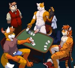 anthro benjamin_tornclaw canid canine card clothed clothing discarded_clothing domestic_cat felid feline felis fionnthecat fox group hi_res male male/male mammal nude pantherine penis_on_table playing_card sitting strip_poker tenting tiger upsilonfox vitaly_(artist)