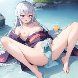 ahoge ai_generated ashen_hair barefoot breasts elaina_(majo_no_tabitabi) feet female hair_between_eyes long_hair majo_no_tabitabi medium_breasts nude open_clothes purple_eyes pussy_juice slime_in_pussy slime_sex spread_legs spread_pussy stable_diffusion wandering_witch_:_the_journey_of_elaina yukata