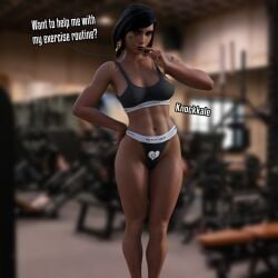 1girls 3d 3d_(artwork) abs black_hair bleached bleached_clothing brown_body brown_skin dark-skinned_female dark_skin egyptian egyptian_female english_text fareeha_amari female fit_female gym gym_clothes hair_ornament human indoors knockkale overwatch pharah queen_of_hearts suggestive tattoo text