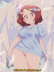 1990s_(style) 1girls 2d 2d_(artwork) alternate_version_available angel angel_wings bluethebone bluethebone_(character) blush blush_lines brown_eyes brown_hair busty cleft_of_venus digital_media_(artwork) english_text female female_only hair_ornament halo looking_at_viewer original original_character panties partially_clothed partially_visible_vulva retro_artstyle shirt shirt_only short_hair subtitled text thick_thighs thigh_gap thighs