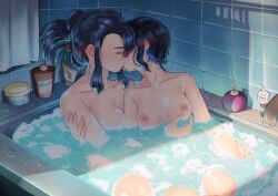 2girls absurdres bath bathing bathroom bathtub black_hair blue_hair blush breasts bubble_bath closed_eyes completely_nude gotuya gundam gundam_suisei_no_majo hair_between_eyes highres kissing long_hair medium_breasts multicolored_hair multiple_girls nika_nanaura nipples nude partially_submerged sabina_fardin short_hair soap soap_bubbles tile_wall tiles wet yuri