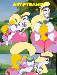 2girls all_fours animaniacs ass_focus back ball berri big_ass big_breasts breasts_outside chipmunk conker's_bad_fur_day face_in_ass furry huge_ass minerva_mink pushing_ass pyramid_(artist) rimming_female short_shorts sportswear yuri