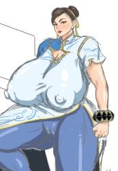 1girls alternate_breast_size blondie_(artist) blush breasts breasts_bigger_than_head chinese_clothes chinese_dress chun-li erect_nipples female gigantic_breasts huge_breasts milf shiny_clothes shiny_skin street_fighter street_fighter_6 tied_hair tight_clothing tight_fit tights twin_buns venus_body