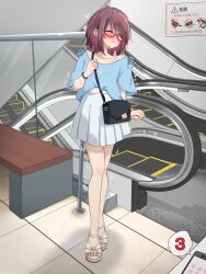 arm_at_side artist_name bag bench blue_shirt blush bracelet cellphone clenched_hand clothes_writing collarbone commentary_request drooling embarrassed escalator female flat_chest full_body glasses hand_up handbag highres holding_strap indoors jewelry kakuremino7928 legs legs_together looking_to_the_side looking_up miniskirt nail_polish nose_blush one_eye_closed open_mouth orange_eyes original phone pink_nails pleated_skirt public_indecency purple_hair pussy_juice raised_eyebrows red-framed_eyewear remote_control_vibrator saliva sandals semi-rimless_eyewear sex_toy shirt shirt_tucked_in short_hair short_sleeves shoulder_bag sidelocks sign signature skirt smartphone solo speech_bubble stairs standing sweat tears tile_floor tiles toenail_polish toenails translation_request trembling twitter_username vibrator vibrator_under_clothes white_footwear white_skirt wince