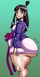 1girls 2d ass belly big_belly black_hair breasts brown_eyes cellulite clothed color dress eyebrows_visible_through_hair fat female female_only fetish grin gyakuten_saiban huge_ass jacket light-skinned_female light_skin looking_at_viewer maya_fey nasty_spaghjett nsfwiiart ponytail simple_background smile smug solo white_dress