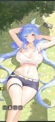 arms_behind_back belly_button blue_hair blush cleavage grass hair_ribbon highres how_to_raise_a_harem huge_breasts kasa_(how_to_raise_a_harem) large_breasts laying_down laying_on_ground leg_strap legs_crossed light-skinned_female light_skin long_hair official_art on_back one_eye_closed red_eyes screenshot shorts smartphone straps sunlight tank_top thick_thighs thighs top_heavy topwear twintails white_tank_top