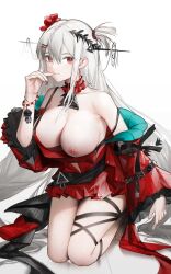 2023 arknights bare_shoulders big_breasts breasts breasts_out hi_res jewelry kneeling light-skinned_female light_skin looking_at_viewer mix7373 nipples red_eyes simple_background skadi_(arknights) skadi_the_corrupting_heart_(arknights) white_hair