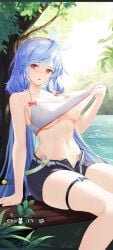 belly_button blue_hair blush blush hair_ribbon highres how_to_raise_a_harem huge_breasts kasa_(how_to_raise_a_harem) large_breasts leg_strap light_skin light_skinned_female long_hair looking_at_viewer midriff nipples_visible_through_clothing official_art open_mouth red_eyes screenshot shorts sitting solo_female straps suggestive suggestive_look sunlight sweat sweatdrop sweating tank_top tank_top_lift thick_thighs thighs top_lift topwear tree twintails unbuttoned unbuttoned_shorts underboob water