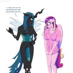 1:1 1futa alicorn anthro anthrofied areola arthropod black_body breasts changeling clothing cutie_mark english_text equid equine friendship_is_magic ftg_crossgender fti_crossgender fur futanari genitals green_hair green_tail gynomorph hair hasbro hi_res hole_(anatomy) horn insect_wings intersex mammal my_little_pony nipple_outline nipples penis pink_body pink_clothing pink_fur princess_cadance_(mlp) queen_chrysalis_(mlp) rule_63 shallowwin simple_background tail text white_background wings