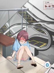 arms_at_sides artist_name bag bench blue_shirt blush bracelet cellphone clothes_writing collarbone commentary_request crying drooling embarrassed escalator faceless faceless_female female flat_chest full_body glasses handbag highres indoors jewelry kakuremino7928 knees_together_feet_apart knees_up legs miniskirt mouth_drool nail_polish nose_blush open_mouth original panties pantyshot phone pink_nails pink_panties pleated_skirt public_indecency purple_hair pussy_juice pussy_juice_stain raised_eyebrows red-framed_eyewear remote_control_vibrator saliva sandals semi-rimless_eyewear sex_toy shirt short_hair short_sleeves shoulder_bag sidelocks sign signature sitting skirt smartphone solo speech_bubble stairs sweat tears thighs tile_floor tiles toenail_polish toenails translation_request trembling twitter_username underwear upskirt vibrator vibrator_under_clothes wet wet_clothes wet_panties white_footwear white_skirt