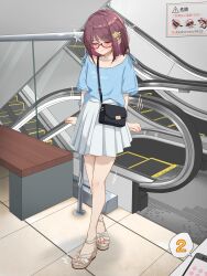 arms_at_sides artist_name bag bench blue_shirt blush cellphone clenched_hands closed_eyes closed_mouth clothes_writing collarbone commentary_request crossed_legs escalator female flat_chest full_body glasses handbag highres indoors kakuremino7928 legs long_legs miniskirt nail_polish original phone pink_nails pleated_skirt public public_indecency purple_hair red-framed_eyewear remote_control_vibrator sandals semi-rimless_eyewear sex_toy shirt shirt_tucked_in short_hair short_sleeves shoulder_bag sidelocks sign signature skinny_legs skirt smartphone solo speech_bubble stairs standing star_(symbol) sweat tile_floor tiles toenail_polish toenails translation_request trembling twitter_username u_u vibrator vibrator_under_clothes watson_cross wavy_mouth white_footwear white_skirt