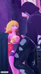 1boy 1girls arrancon behind blonde_female blonde_hair boobjob breasts clothed_male grimm_(rwby) grimmed hoodie huge_breasts huge_cock monster monster_cock mostly_clothed_female paizuri paizuri_lead_by_female purple_eyes robotic_arm rwby street yang_xiao_long