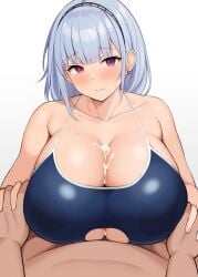 1boy 1girls azur_lane breasts cleavage_cutout cum cum_on_breasts cumshot dido_(azur_lane) female handholding hi_res hips huge_breasts light-skinned_female light-skinned_male light_skin long_hair male male_pov massive_breasts neneneji one-piece_swimsuit original paizuri pov swimsuit thick_thighs thighs titjob voluptuous white_hair wide_hips