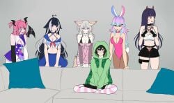 1boy 5girls akuma_nihmune annytf big_breasts bunnysuit camila_(vtuber) costume cottontail_(vtuber) cottontailva_(character) couch detached_sleeves elbow_gloves femboy harem heart_eyes humor imminent_sex indie_virtual_youtuber kemonomimi large_breasts leota light-skinned_female long_hair mature_female meme onidere pale-skinned_female piper_perri_surrounded piper_perri_surrounded_(meme) programmer_socks shylily skirt striped_thighhighs succubus succubus_wings tagme thighhighs vedal987 very_long_hair virtual_youtuber vtuber vtuber_persona vtubers white_background