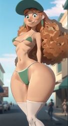 ai_generated baseball_cap big_ass bikini curly_hair curvaceous curvy_female curvy_figure disney ginger huge_ass huge_thighs inner_workings kate_(inner_workings) looking_at_viewer pixar red_hair red_head zrhap