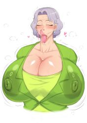 1girls :>= alternate_version_available areola_bulge areolae_visible_through_clothing big_breasts blush breasts cleavage elderly_female erect_nipples erect_nipples_under_clothes gilf grey_hair huge_breasts large_breasts massive_breasts mature_female milf mitsuko_inoue_(zxcv) nipple_bulge nipples older_female puffy_areola puffy_nipples solo tongue_out tremble_spikes trembling vacuum_suck veiny veiny_breasts wrinkles zxcv