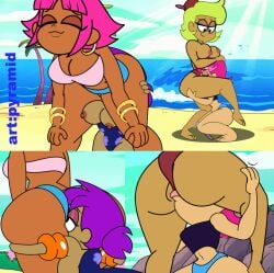 4girls ass_worship beach big_ass breasts breasts_out breasts_out_of_swimsuit cartoon_network dark-skinned_female dark_skin different_poses elodie enid enid_(ok_k.o.!_lbh) enid_mettle face_in_ass female female_only hand_on_breast hand_on_head hands_on_ass human human_shannon humanized inside_pussy legs looking_at_another looking_back multiple_girls nipples ok_k.o.!_let's_be_heroes one_leg pink_hair purple_hair pussylicking pyramid_(artist) red_action red_hair rimjob shannon_(ok_k.o.!_let's_be_heroes) shannon_boxman swimsuit yuri