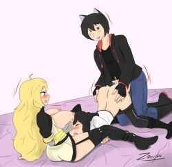 1boy 2girls big_breasts bisexual bisexual_(female) black_eye black_hair black_hair_female blake_belladonna blonde_female blonde_hair breasts cat_ears clothed_female clothed_female_clothed_male clothed_male doggy_style female jin_satou licking_pussy male mostly_nude_female original_character penetration red_eye robotic_arm rwby threesome yang_xiao_long zronku