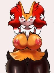 anthro big_breasts braixen erect_nipples fox fox_ears fox_girl huge_breasts nipples omikuro pink_nipples pokemon pokemon_(species) pussy smile solo_female thick_thighs topless