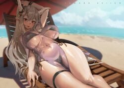 arknights beach beach_chair bikini curvy curvy_female curvy_figure gray_hair horned_female horned_humanoid horns large_breasts long_hair navel navel_visible_through_clothes orange_eyes questionable_anatomy reclining see-through_clothing shining_(arknights) shiny_skin side-tie_bikini slip swimsuit tamada_heijun thigh_band thigh_gap tongue_out umbrella wide_hips