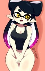 1girls beauty_mark black_hair blush bottomless callie_(splatoon) cleavage covering_crotch inkling no_panties splatoon splatoon_(series) squishcap_(artist) tank_top thick_thighs twitter_username unusual_pupils wide_hips yellow_eyes