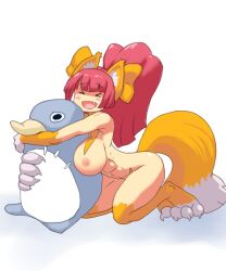 breasts cap-tan cat_ears cat_paws cat_tail catgirl completely_nude completely_nude_female disgaea hugging large_breasts nekomata_(disgaea) nippon_ichi_software prinny