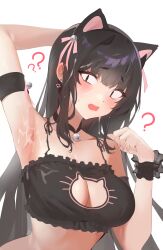 ? ?? absurdres animal_ears arm_behind_head armpits bell blush breasts cat_cutout cat_ears cat_lingerie cleavage cleavage_cutout clothing_cutout cum cum_on_armpits cum_on_body dress female highres jingle_bell large_breasts long_hair meme_attire milim_nova neck_bell open_mouth original paw_earrings simple_background solo upper_body white_background wrist_cuffs