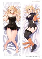 1girls ahoge arms_behind_back bare_legs barefoot black_gloves black_leotard black_negligee black_panties black_thighhighs blonde_hair blue_eyes blush bondage bound bound_arms bound_legs braid breasts cleavage cleavage_cutout closed_mouth clothing_cutout collarbone covered_navel dakimakura_(medium) dakimakura_design darkness_(konosuba) from_above full_body garter_belt gloves gluteal_fold hair_between_eyes hair_down hair_ornament highres kono_subarashii_sekai_ni_shukufuku_wo! large_breasts leotard long_hair looking_at_viewer lying mishima_kurone official_art on_back on_side open_mouth page_122 page_number panties ponytail solo straight_hair strap_slip thigh_gap thighhighs underwear very_long_hair wavy_mouth x_hair_ornament