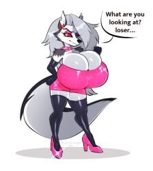 angry anthro berrythedragon big_breasts black_nose breasts canid canine canis cleavage collar cross-popping_vein demon dress ear_piercing female fur goth grey_body grey_fur grey_hair hellhound helluva_boss high_heels huge_breasts long_hair long_tail loona_(helluva_boss) mammal piercing red_sclera spiked_collar stockings tail white_body white_eyes white_fur wolf