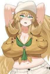 1girls 2023 arms_behind_head barghest_(gawain)_(fate) barghest_(swimsuit_archer)_(first_ascension)_(fate) blonde_hair breasts cleavage fate/grand_order fate_(series) female female_focus green_eyes hi_res high_resolution highres hips huge_breasts long_hair looking_at_viewer maruko_tooto midriff navel solo solo_female solo_focus top_heavy wide_hips