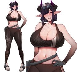 1futa big_breasts breasts bulge full_body fully_clothed futa_only futanari hi_res horns huge_breasts original original_character penis pointy_ears purple_eyes short_hair solo solo_futa sunglasses_on_head thick_thighs unbeller white_background