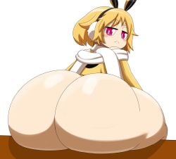 big_butt blush_stickers bored bottomless bunny_ears commission commissioner_upload disgaea disgaea_5 female full_color high_resolution highres hoodie looking_at_viewer mechspazer nippon_ichi_software pink_eyes scarf shortstack simple_shading sitting usalia_(disgaea) yellow_hair