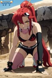 ai_generated belt boots bra hair_ornament long_hair looking_at_viewer medium_breasts on_knees pink_socks ponytail red_hair short_shorts shorts smile smiling smiling_at_viewer socks socks_and_boots tengen_toppa_gurren_lagann thigh_socks thighhighs touchfluffytails yellow_eyes yoko_littner zettai_ryouiki