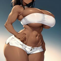 1girls ai_generated apakaber arms_on_waist belly_button big_ass big_breasts breasts brown_hair dark-skinned_female dark_hair dark_skin female female_only fully_clothed head_out_of_frame huge_breasts huge_thighs short_hair short_shorts shorts small_waist thick_thighs tight_clothing toned toned_arms toned_female tubetop wide_hips