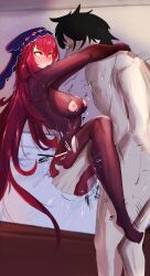 1boy ahe_gao bodysuit breasts carrying fate/grand_order fate_(series) fucked_silly red_eyes ripped_clothing scathach_(fate) sex tights