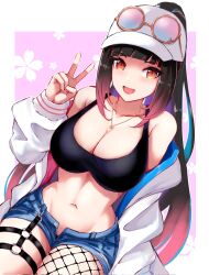 1girls bare_midriff big_breasts black_hair cap cleavage female female_focus female_only fishnets fully_clothed glasses glasses_on_head hana_yomeguri highres indie_virtual_youtuber light-skinned_female light_skin long_hair looking_at_viewer midriff minishorts multicolored_hair open_clothes open_jacket open_mouth orange_eyes ponytail simple_background slash-ex smiling_at_viewer two_tone_hair virtual_youtuber