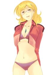 00s 1girls 2d 2d_(artwork) avix between_breasts blonde_hair bra crop_top female glasses gundam gundam_00 linda_vashti lingerie mature_female milf panties purple_bra purple_panties smile solo tagme underwear