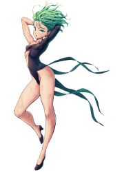 1girls arms_above_head arms_behind_head black_dress colored esper female female_only green_hair heels legs murata_yuusuke one-punch_man petite petite_body petite_female ripped_clothing small_breasts solo tatsumaki