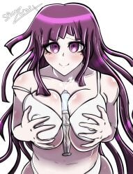 1girls beauty_mark danganronpa danganronpa_2:_goodbye_despair female female_only hands_on_breasts looking_at_viewer purple_eyes purple_hair smile smiling smiling_at_viewer spicezeros swimsuit syringe syringe_between_breasts tsumiki_mikan