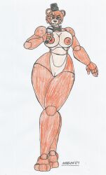 animatronic animatronic_female animatronic_girl anthro articulated_hooves big_breasts big_hips blue_eyes bow_tie female_only five_nights_at_freddy's freddy_(fnaf) furry marlon64 microphone naked_female naked_hat orange_body orange_fur orange_hair orange_nipples rule_63 short_hair smile solo_female topper traditional_drawing_(artwork) white_background