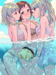 3girls artist_request bang_dream! bra hand_in_water hand_on_butt hazawa_tsugumi hikawa_hina hikawa_sayo ocean panties sea sisters swimsuit tagme twins underwater wading water yuri