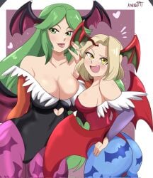 2girls ass bare_shoulders blonde_hair blush breasts bridal_gauntlets cleavage clothing cosplay darkstalkers from_behind green_eyes green_hair head_wings huge_ass karbuitt kid_icarus kid_icarus_uprising large_breasts leotard lilith_aensland_(cosplay) long_hair looking_at_viewer medium_breasts medium_hair morrigan_aensland_(cosplay) multiple_girls nintendo oerba_yun_fang open_mouth palutena pantyhose sideboob smile thong thong_leotard tongue tongue_out vampire_(game) viridi wings yellow_eyes