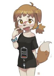 2d animal_ears black_shirt blush bottomless brown_eyes brown_fur brown_hair brown_tail dog_ears dog_girl dog_tail dripping exposed_shoulders flat_chest logo_on_clothes no_panties on_knees possummachine scar scar_on_face shepherdy_(possummachine) shirt short_hair small_breasts socks sweat tagme tail wagging_tail white_background white_socks