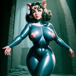 ai_generated bodysuit breasts brown_hair elizabeth_taylor female_only nipples pig pig_ears pig_girl unstable_diffusion